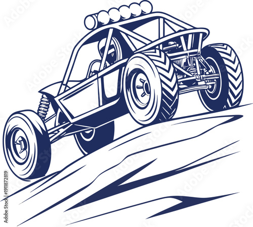 Off road dune buggy driving fast creating dust and motion effect