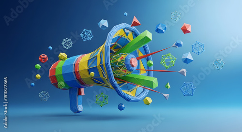 Vibrant 3D Block Megaphone Illustration Dynamic Digital Marketing Communication and Data Analytics Dissemination with Abstract Geometric Elements