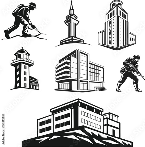 Set of architectural buildings and military soldier silhouettes vector icons for design projects