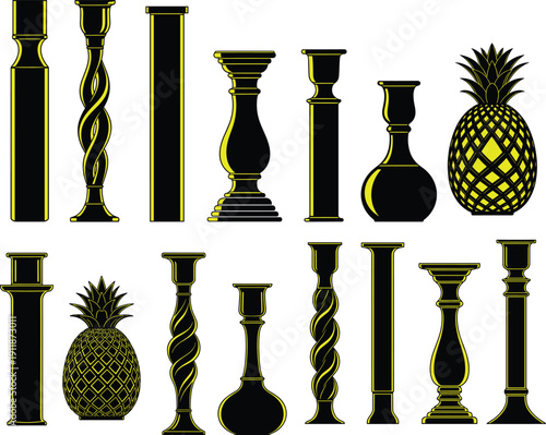 Vintage Decorative Candlestick Holders and Tropical Pineapple Silhouette Collection Isolated on White Background for Elegant Home Interior Design Vector Illustration