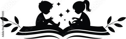 Black silhouette of children sitting on an open book with magical stars for education, storytelling, and childhood imagination concept