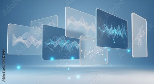 Dynamic visualization of abstract digital data on multiple interconnected transparent screens, showcasing advanced information technology and analytical concepts