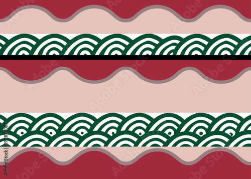 Seamless horizontal pattern featuring wavy red bands and green circular wave motifs on a light background