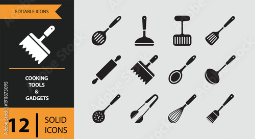 Cooking Tools and Gadgets. Bold Solid Cooking Tools and Practical Kitchen Gadgets Icons