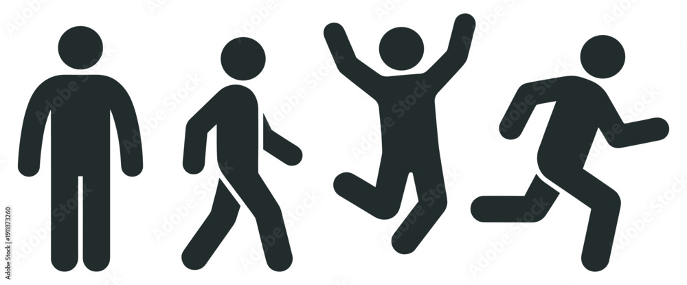 Fototapeta premium Human people action silhouette icon set, walking running jumping movement activity pictogram symbols isolated on transparent background