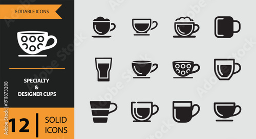 Specialty and Designer Cups. Bold Solid Designer Cup Icons for Cafe and Premium Drinkware