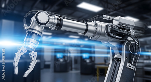 Futuristic three-dimensional robotic arm working with glowing blue light effects in a smart factory, symbolizing advanced automation and industrial progress