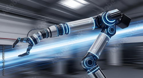 Futuristic robotic arm with glowing blue light trails highlights advanced industrial automation and intelligent manufacturing technology for the next generation factory