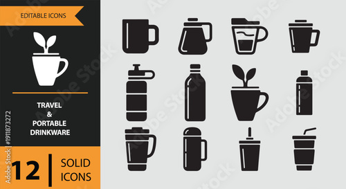 Travel and Portable Drinkware. Solid Portable and Travel Friendly Drinkware Icons