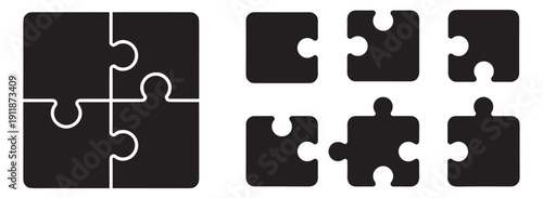 Puzzle jigsaw piece teamwork and collaboration silhouette icon set, business connection partnership unity and solution concept vector collection on transparent background
