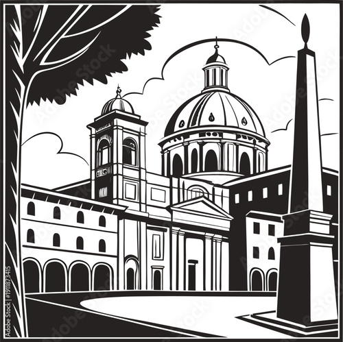 Architectural landmark with dome and obelisk in black and white graphic style