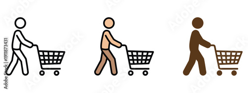 Diverse people pushing shopping carts icon collection illustrating multicultural shoppers, grocery store activity