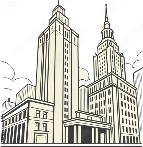 Tall skyscrapers in city center with cloudy sky and vintage color illustration