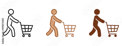 Diverse people pushing shopping carts icon set featuring men and women of different ages and ethnicities