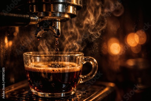 Premium Espresso Dripping from Portafilter into Transparent Cup with Dramatic Steam and Moody Café Background.