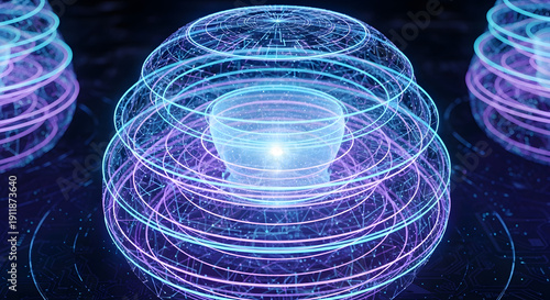 Abstract 3D rendering of glowing concentric energy fields, symbolizing futuristic data flow, quantum computing concepts, and interconnected technological systems