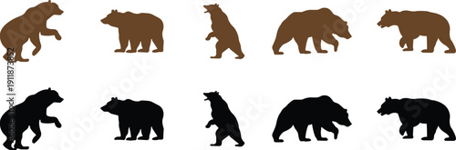 Bear icon set collection group in flat style featuring grizzly, ursus, wildlife, animal silhouette and predator synonym elements for nature design, forest logo branding and graphic use