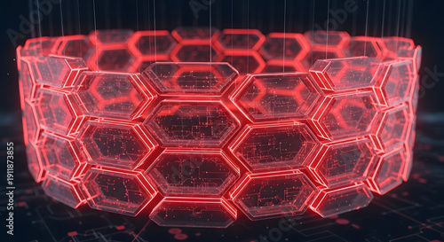 Abstract 3D rendering of a glowing red hexagonal shield, symbolizing robust data protection and cybersecurity in a futuristic digital network environment