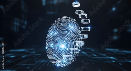 3D digital fingerprint scanning for advanced biometric security, protecting sensitive data and ensuring secure access in a futuristic technology environment