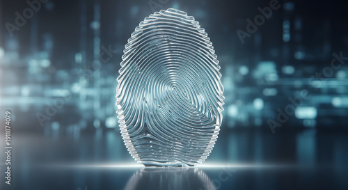 Striking translucent 3D fingerprint, an abstract representation of advanced cybersecurity, biometric authentication, and secure digital data protection