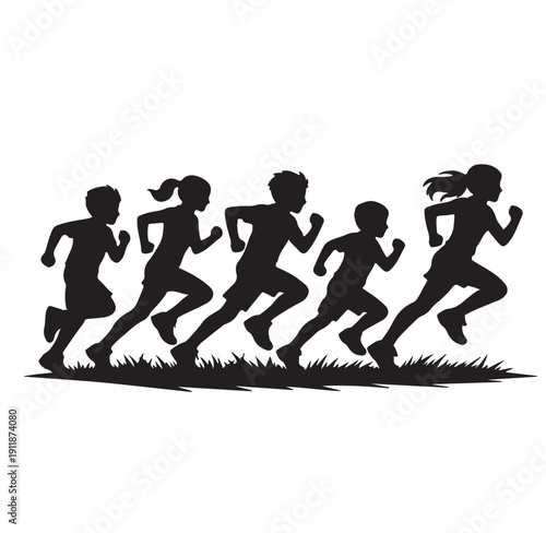  kids running on grass, running kids Silhouette Vector Minimal vector  Illustration.