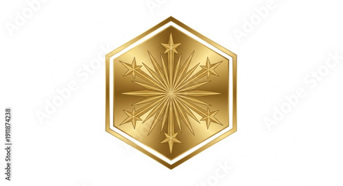 Golden Hexagonal Emblem with Starburst Design.