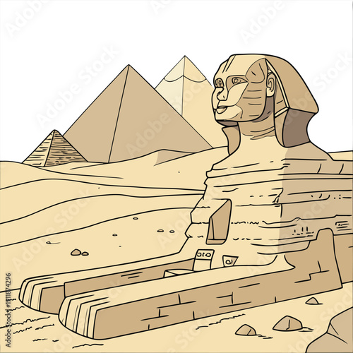 Ancient sphinx statue with pyramids desert landscape vector illustration historical egypt scenery