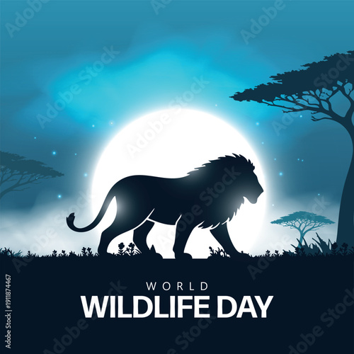 World Wildlife Day Vector Background Design Template. Lion silhouette.
