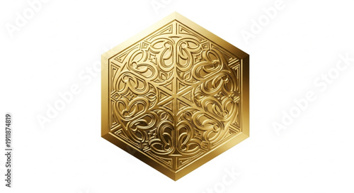 Golden Hexagonal Plaque with Ornate Design.