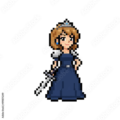 pixel art character of a brave princess in a navy blue dress wielding a sword.
