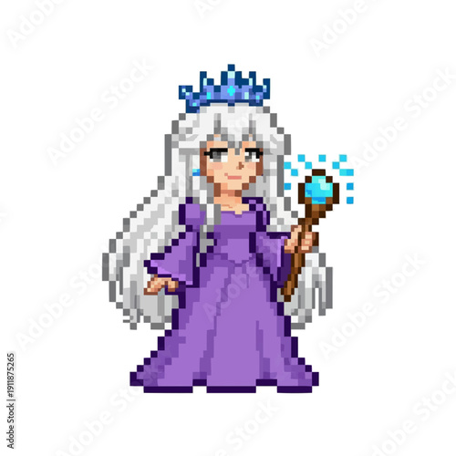 pixel art fantasy queen in purple robes holding a glowing magical staff with blue gems.