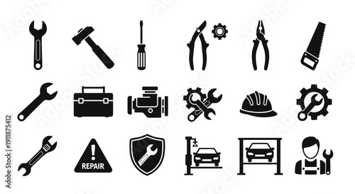 Comprehensive collection of automotive repair, construction, and maintenance industry icons featuring a variety of essential tools and services for every project