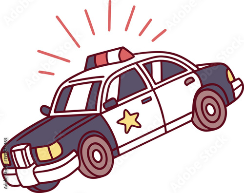 Stylized police car with star emblem and flashing lights on transparent background