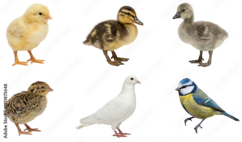 Fototapeta premium collection of cute baby poultry and wild birds like blue tit (cyanistes caeruleus) and mallard (anas platyrhynchos)