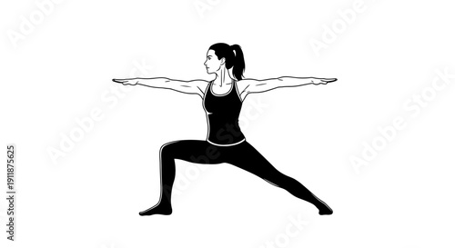 Dynamic illustration of a woman demonstrating a powerful yoga warrior pose, embodying strength, balance, and mindful fitness for holistic well-being