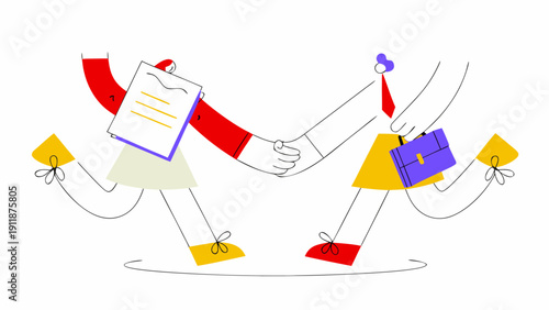 Two cartoon business people shaking hands with documents and briefcases isolated on transparent background