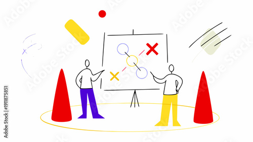 Two stick figures standing beside a flowchart on a whiteboard with red traffic cones, vector illustration isolated on transparent background