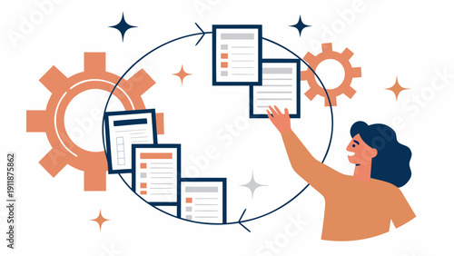 Woman interacting with floating documents in a circular workflow isolated on white background