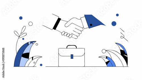 Vector handshake agreement illustration with briefcase and abstract shapes isolated on transparent background