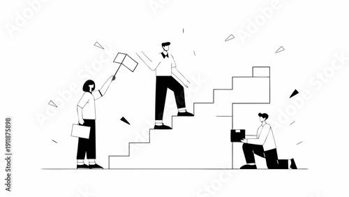 Business people climbing stairs with tools, isolated on transparent background
