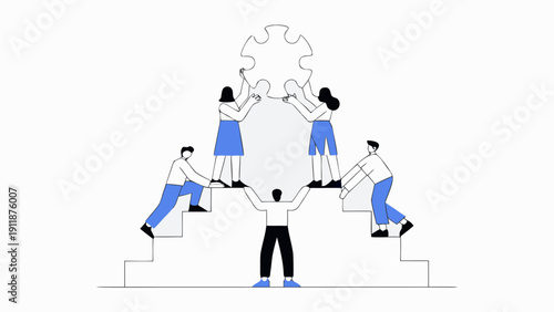 Vector illustration of diverse people working together to complete a puzzle on stairs