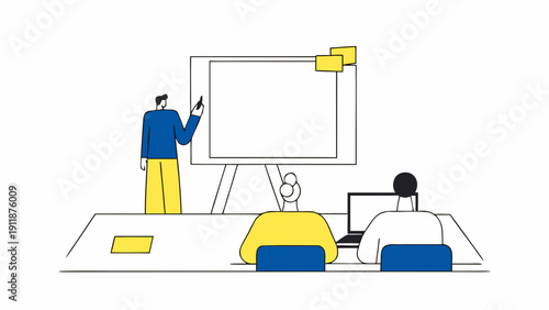 Vector illustration of a man giving a presentation to two colleagues in a meeting