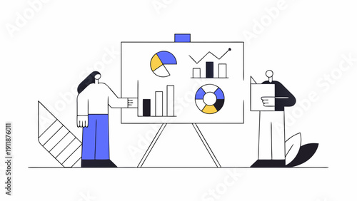 Business presentation with two colleagues discussing charts and graphs on a whiteboard