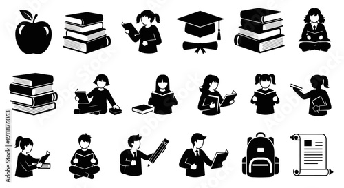 A collection of vector icons depicting students and books, symbolizing education, learning, and academic achievement, suitable for graphic design projects
