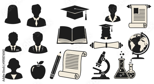 Comprehensive collection of minimalist black silhouette icons representing various facets of education, learning, academic achievements, and professional development