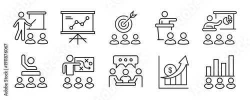 Business presentation icon set. Containing seminar, sales presentation, keynote, meeting, whiteboard, conference and business plan icons. Solid icon collection vector illustration.