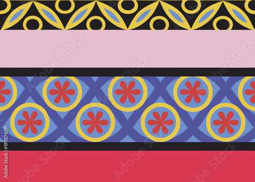Colorful geometric pattern featuring floral motifs and horizontal bands of pink and red