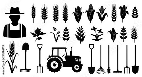 Diverse agricultural concept icons set farmer, essential crops, cultivation tools, and tractor silhouettes illustrating the essence of farming