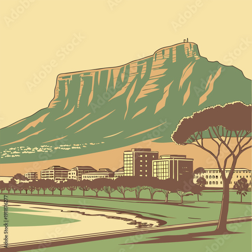 Table Mountain cityscape with green trees and buildings scenic view
