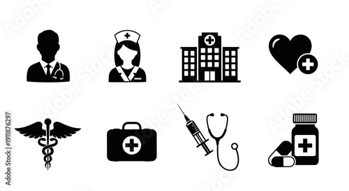 Collection of medical and healthcare icons, featuring a doctor, nurse, hospital, heart, Caduceus symbol, first aid kit, syringe, and pills, representing health services and medical care